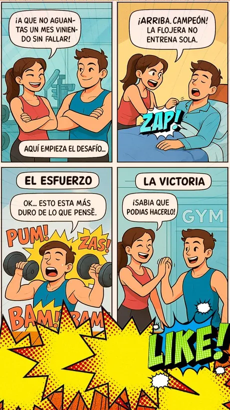 Tira cómica en cuatro viñetas: ella lo reta a venir un mes sin fallar, lo despierta con un ZAP, él sufre levantando mancuernas y al final chocan las manos frente al gimnasio.